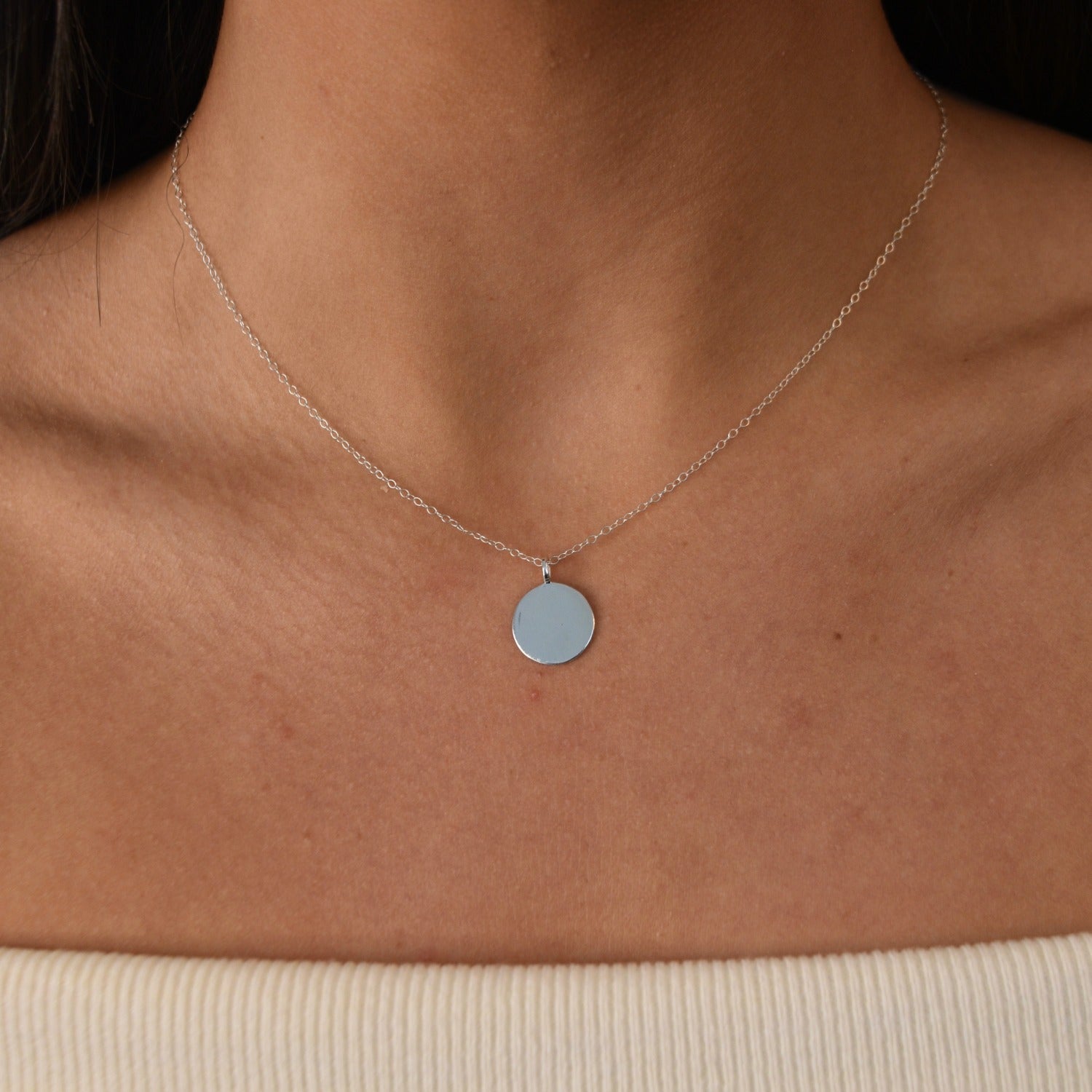Disc Pendant Necklace with a polished round pendant, available in sterling silver, gold vermeil and rose gold vermeil.