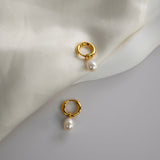 Freshwater Pearl Drop Huggie Earrings with removable cultured freshwater pearl drops.