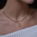 Gold Heart St Christopher Necklace worn layered with paperclip chain necklace 