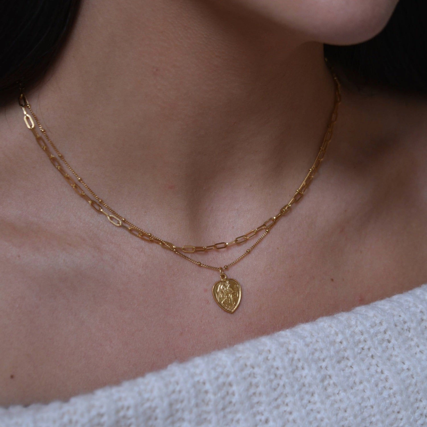 Gold Heart St Christopher Necklace worn layered with paperclip chain necklace 