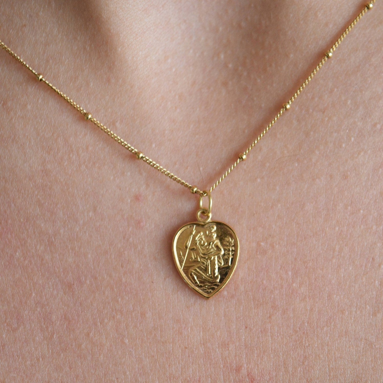 Gold Heart St Christopher Necklace with satellite chain detail 