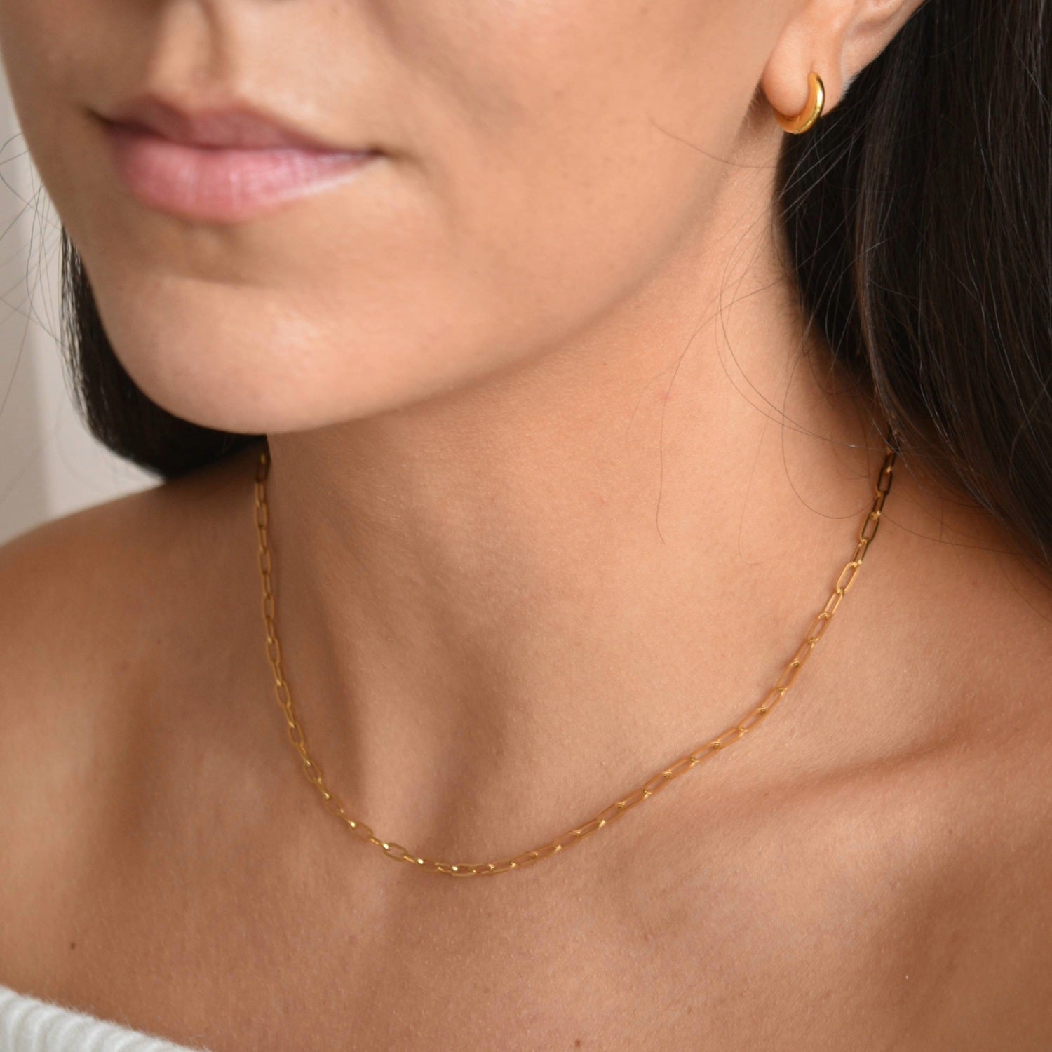 Gold vermeil paperclip chain necklace shown against the skin, following the curve of the collarbone.
