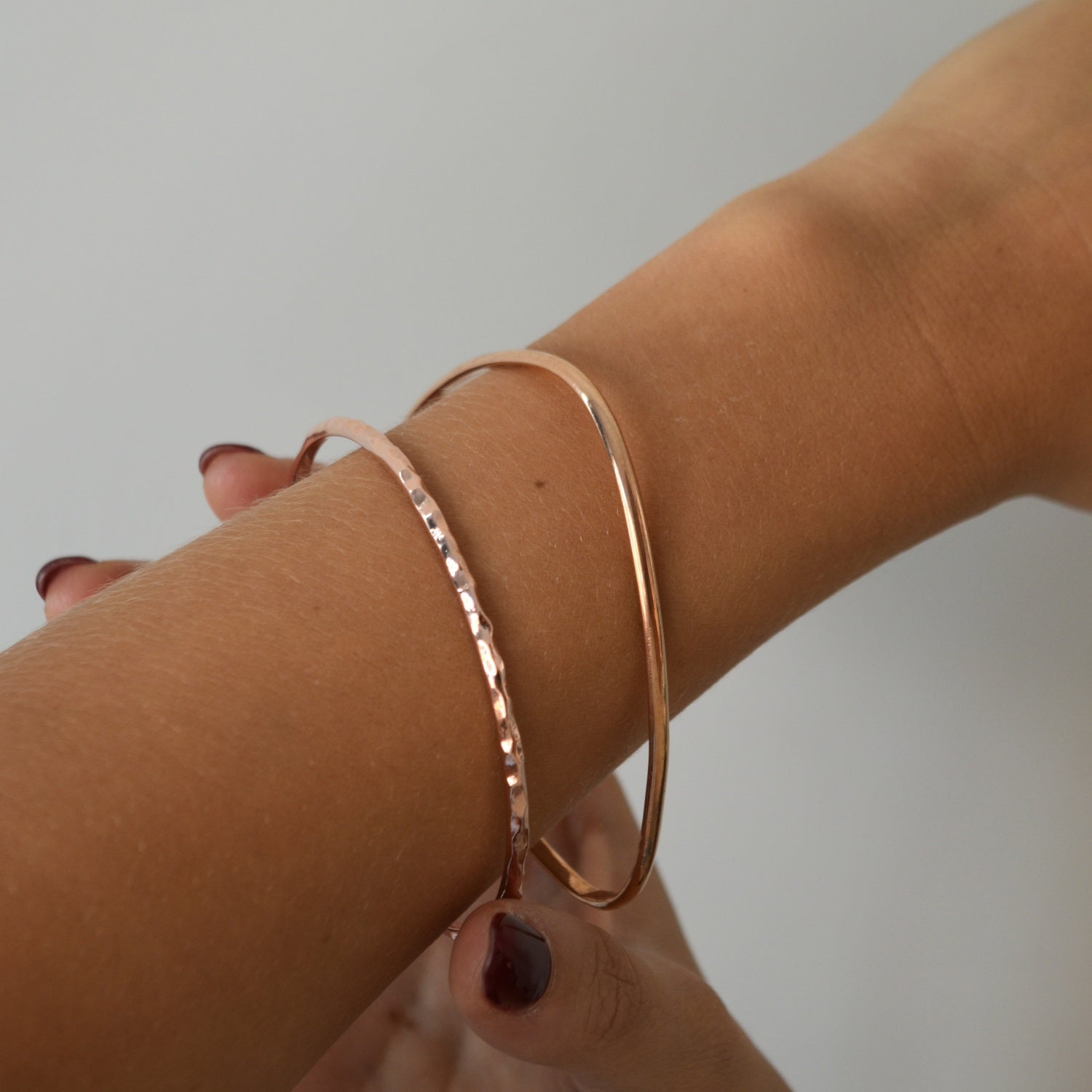 Hammered Bangle with an organic textured finish, available in sterling silver, gold vermeil and rose gold vermeil.