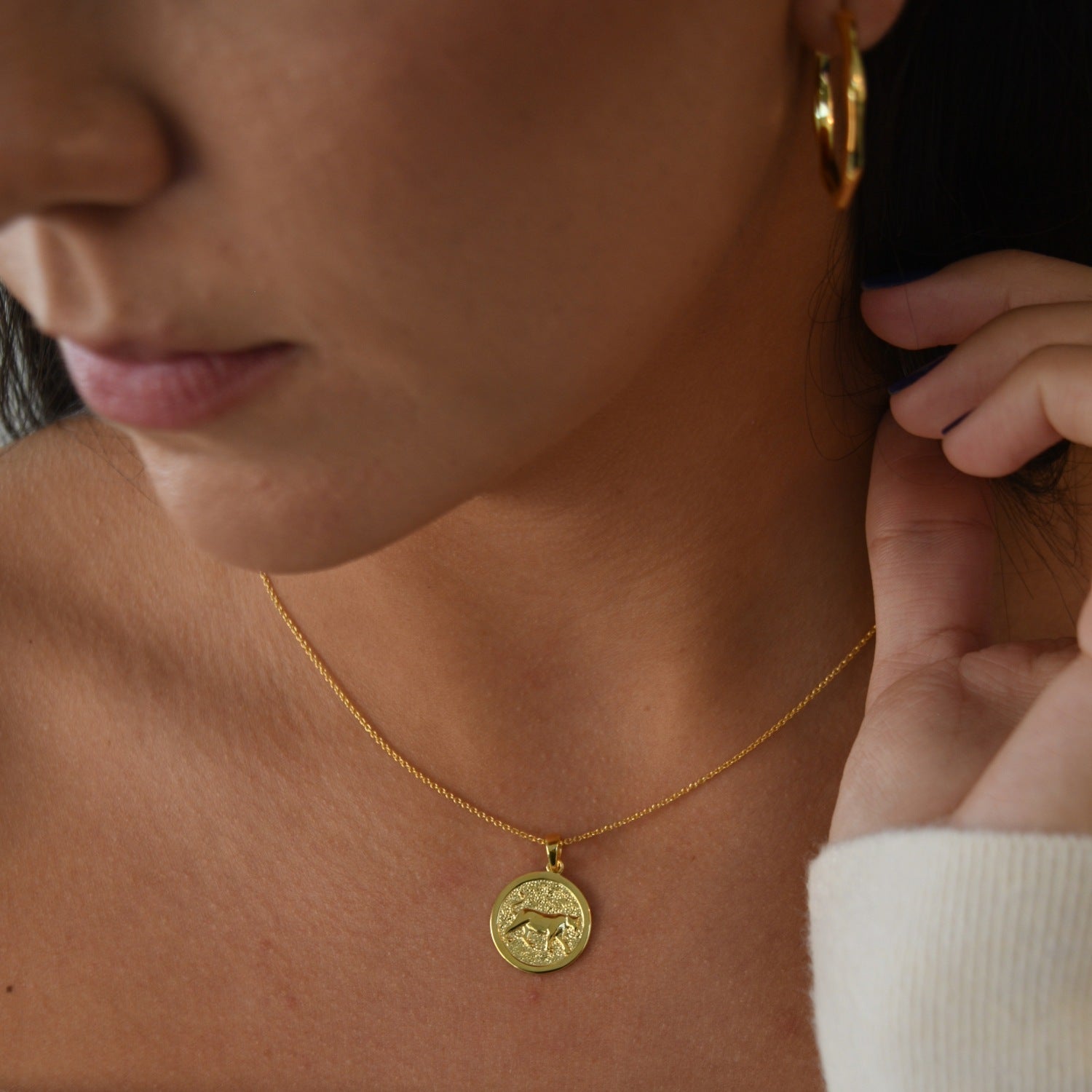 Lioness Pendant Necklace featuring a detailed lioness motif, available in gold vermeil and sterling silver.