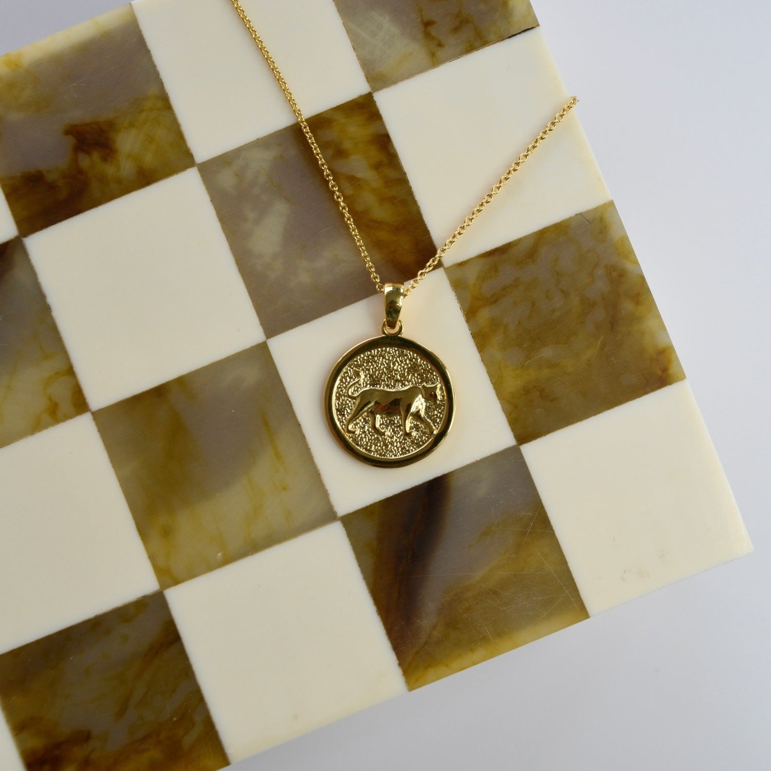 Lioness Pendant Necklace featuring a detailed lioness motif, available in gold vermeil and sterling silver.