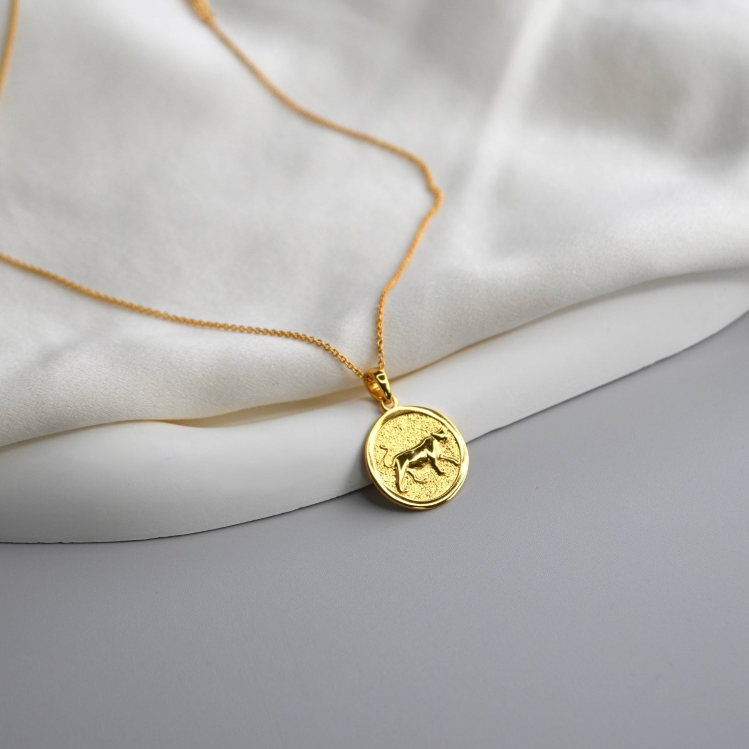 Lioness Pendant Necklace featuring a detailed lioness motif, available in gold vermeil and sterling silver.