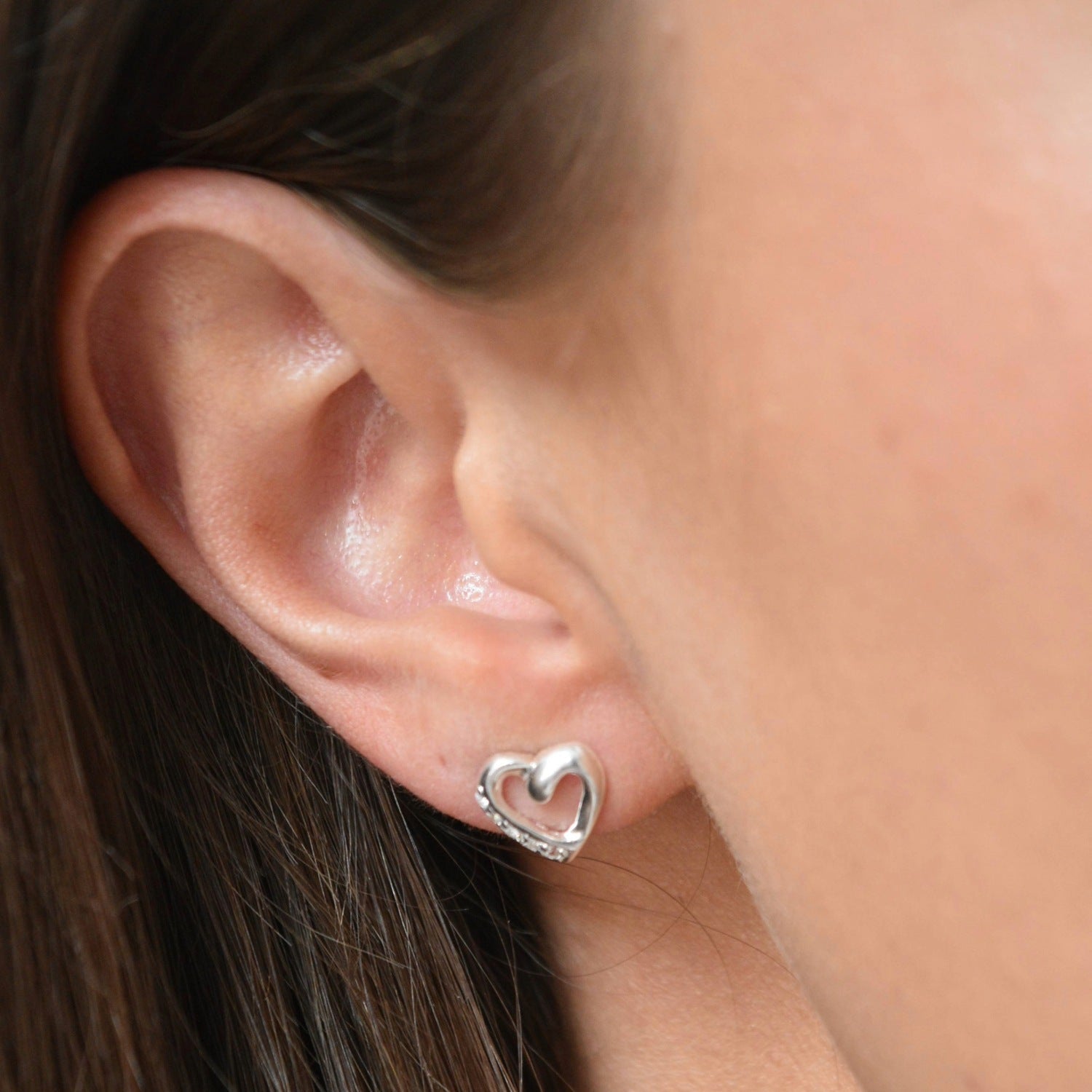 Sterling Silver CZ Open Heart Stud Earrings - Cammi London - Earrings