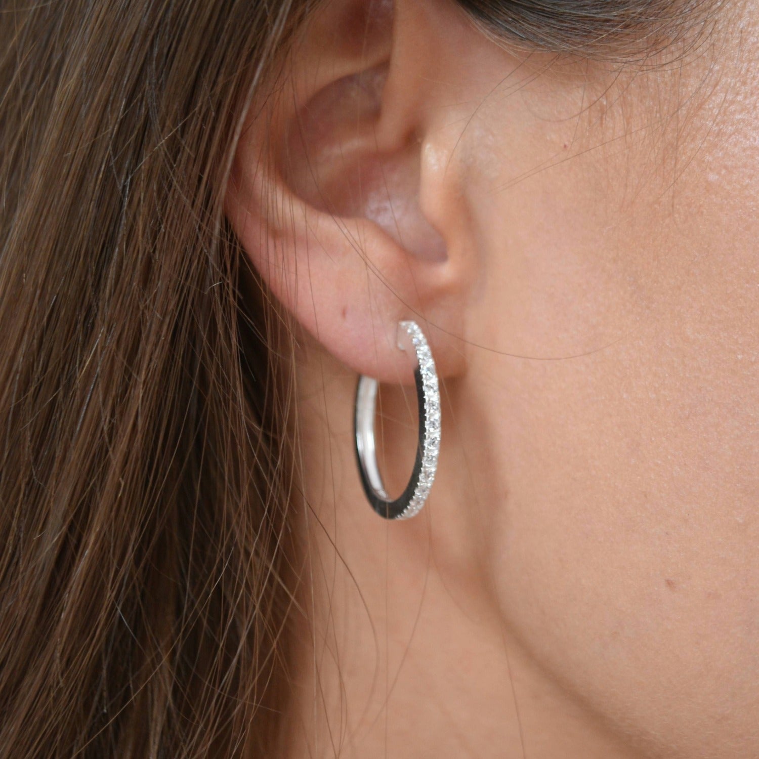Sterling Silver Slim CZ Huggie Earrings close up detail 